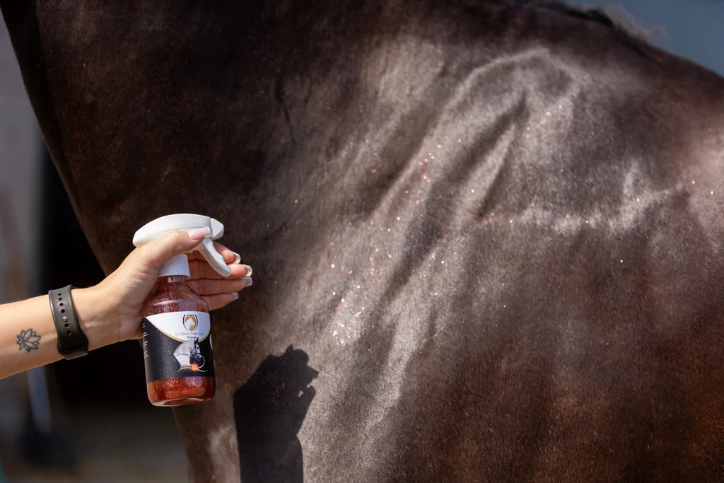 Třpytivý sprej na srst, hřívu a ocas, 250 ml – Excellent Horse Hi Gloss Glitter Spray Orange - Obrázek 2