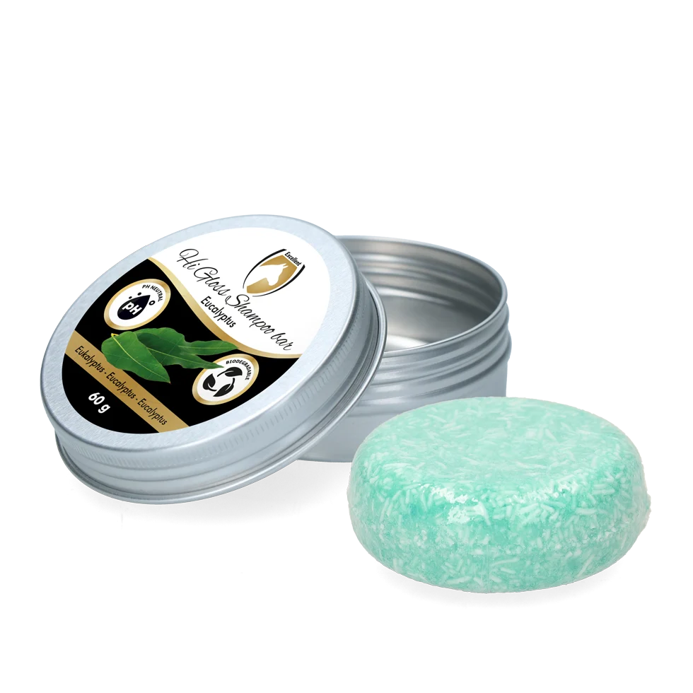 HIGL6055.png Tuhý šampon pro koně s kondicionérem, eukalyptus, 60 g – Excellent Horse Hi Gloss Shampoo Bar - Obrázek 1