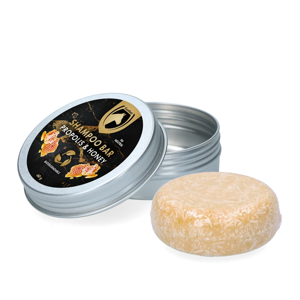 HIGL6058.png Tuhý šampon pro koně s kondicionérem, propolisem a medem, 60 g – Excellent Horse Hi Gloss Shampoo Bar - Obrázek 1