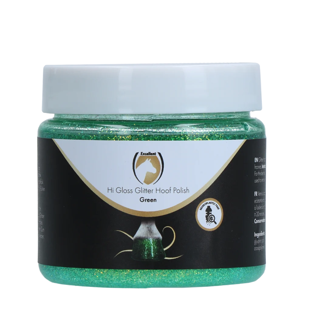 Třpytivý lak na kopyta zelený, 150 ml – Excellent Horse Hi Gloss Glitter Hoof Polish - Obrázek 1