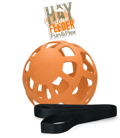 Míč na seno pro koně z přírodního kaučuku, oranžový, průměr cca 22 cm – Hay Slow Feeder Fun & Flex