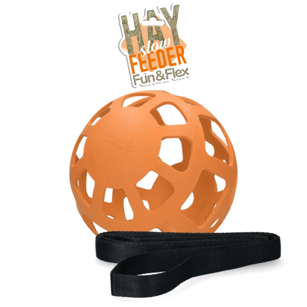 Míč na seno pro koně z přírodního kaučuku, oranžový, průměr cca 22 cm – Hay Slow Feeder Fun & Flex