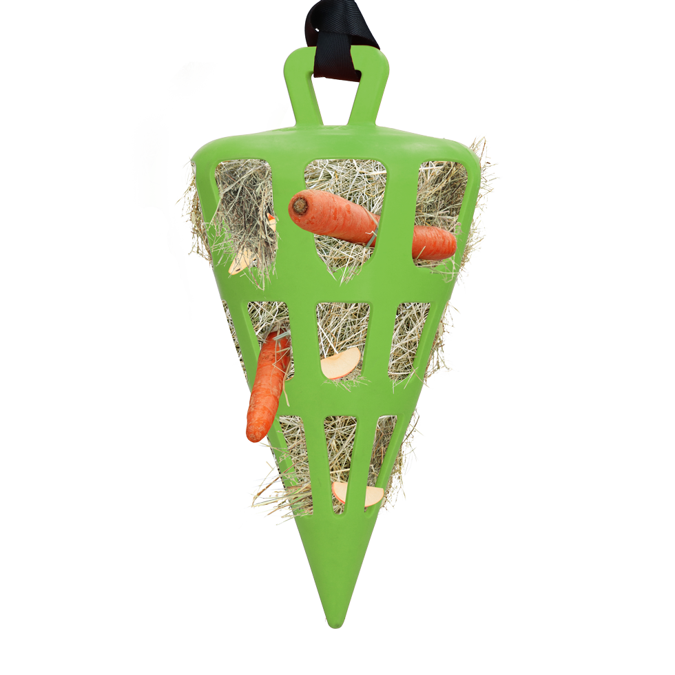 Slowfeeder voor Paarden van Natuurrubber, Groen – Hay Slow Feeder Fun & Flex Carrot Pomalý krmný zásobník na seno pro koně z přírodního kaučuku, zelený – Hay Slow Feeder Fun & Flex Carrot