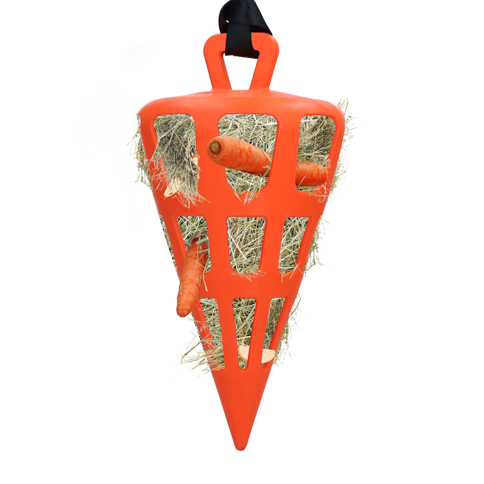 Slowfeeder voor Paarden van Natuurrubber, Oranje – Hay Slow Feeder Fun & Flex Carrot Pomalé krmítko pro koně z přírodního kaučuku, oranžové – Hay Slow Feeder Fun & Flex Carrot