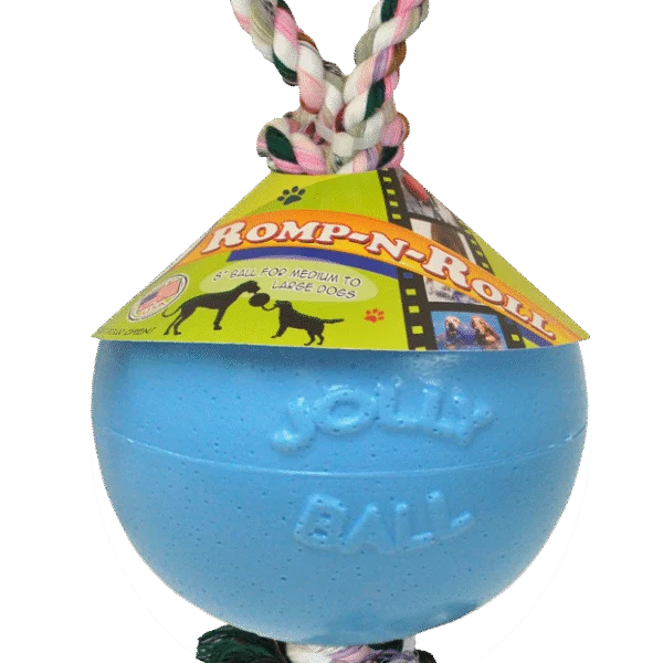 Míček pro psy s provazem, plovoucí, borůvkový M (15 cm) – Jolly Pets Romp-n-Roll