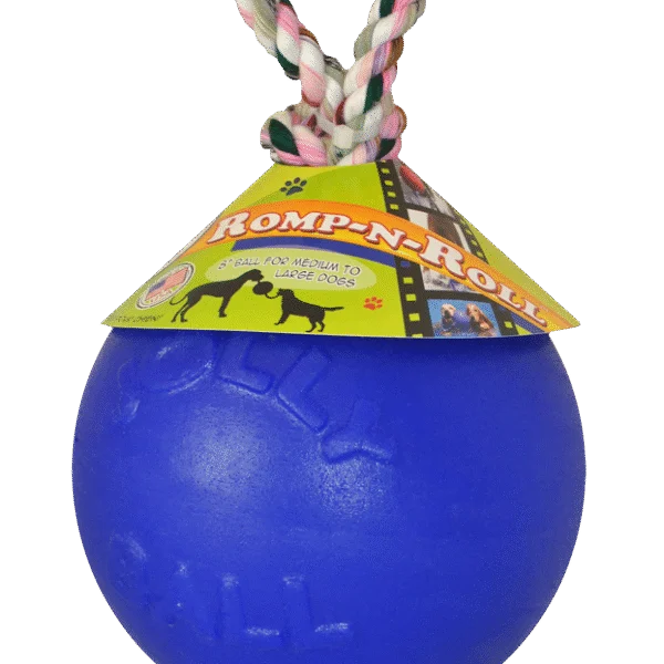 Míč pro psy s lanem, plovoucí, modrý M (15 cm) – Jolly Pets Romp-n-Roll