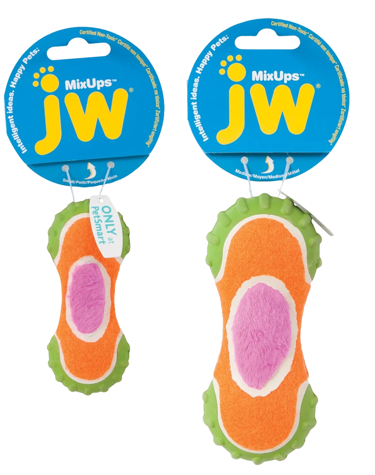 Psí hračka z plyše, gumy a látky z tenisového míčku, 14 cm – JW Mixups Ribbed Barbell M - Obrázek 2
