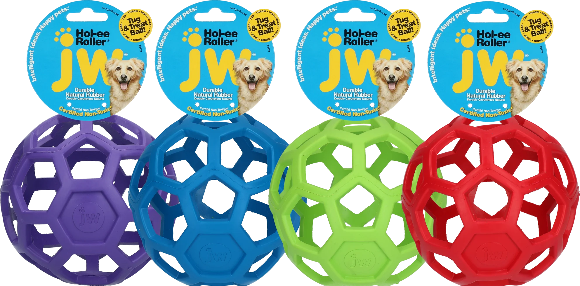 JWHO003_JWHO004_JWHO005_JWHO006_JWHO007GROEP.png Míček pro psy z přírodního kaučuku na pochoutky, 19 cm, mix barev – JW Hol-ee Roller - Obrázek 1