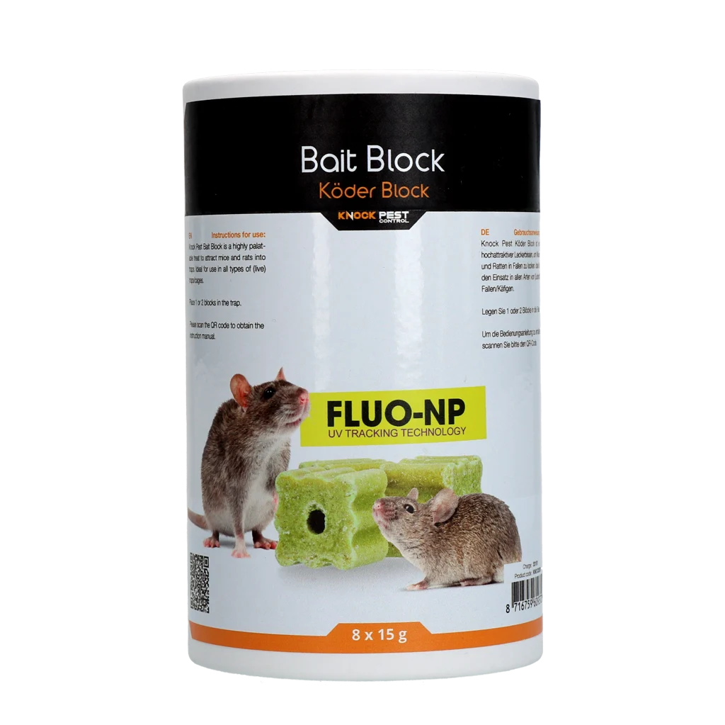 KNOC0209.png Návnadové bloky na myši a krysy, 8 x 15 g – Knock Pest Lokmiddel Blok Fluo-NP - Obrázek 1