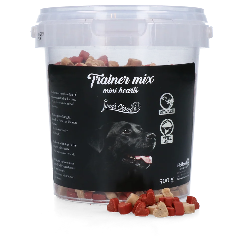 LUNA0042M.png Výcvikové pamlsky s masem a lososem, malá srdíčka, 500 g – Luna's Choice Trainer Mix Hartjes (klein) - Obrázek 1