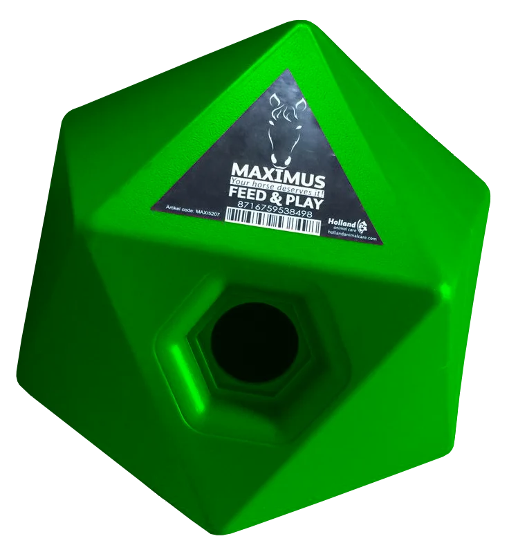 Krmná hračka pro koně s otvorem na pamlsky 37 mm, zelená – Maximus Feed & Play Cube - Obrázek 1