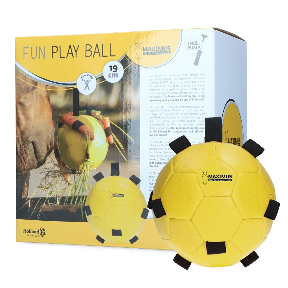 Hrací míč pro koně s elastickými pásky, 19 cm, žlutý – Excellent Horse Fun Play Ball - Obrázek 1