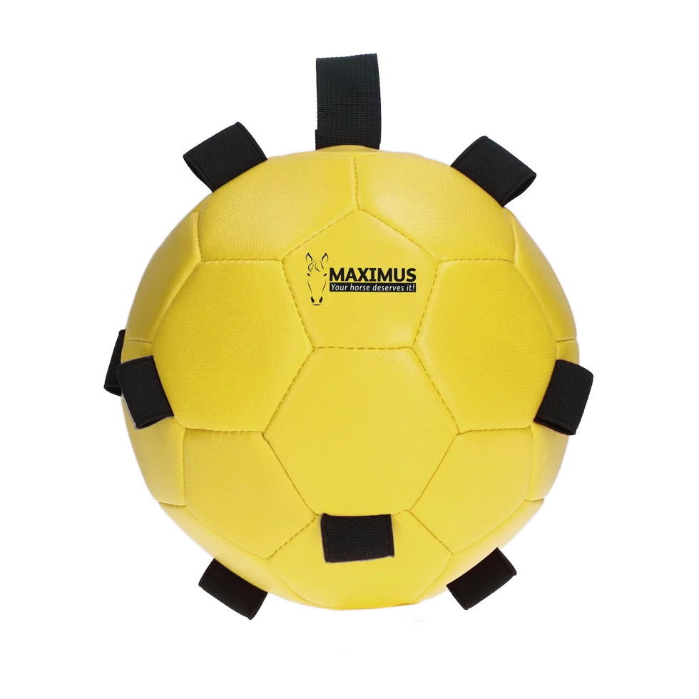 Hrací míč pro koně s elastickými pásky, 19 cm, žlutý – Excellent Horse Fun Play Ball - Obrázek 2