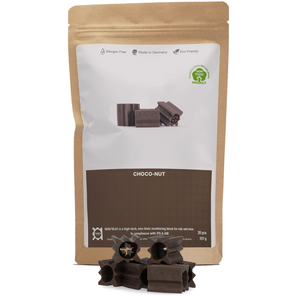Lokblok van Kunststof voor Muizen en Ratten met Chocoladearoma, 20 Stuks – Nara Bloc Plastová návnadová kostka pro myši a potkany s čokoládovým aroma, 20 kusů – Nara Bloc