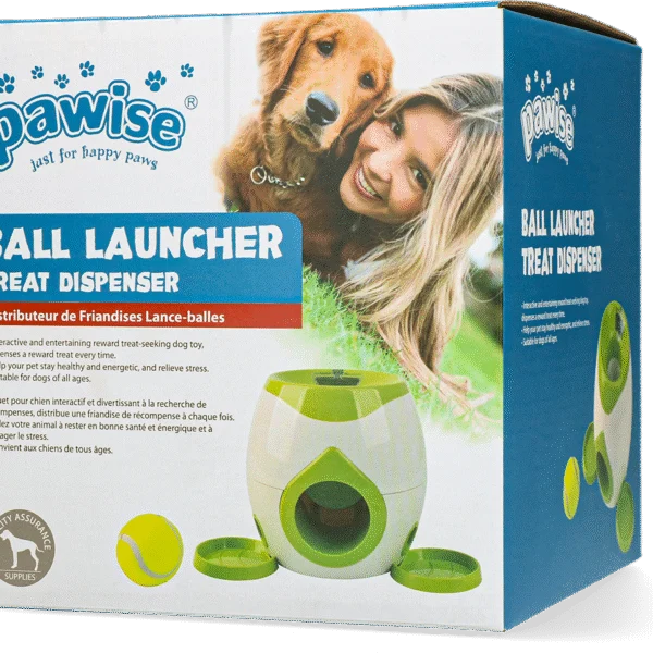 Házeč míčků s dávkovačem pamlsků a tenisovým míčkem – Pawise Ball Launcher Treat Dispenser