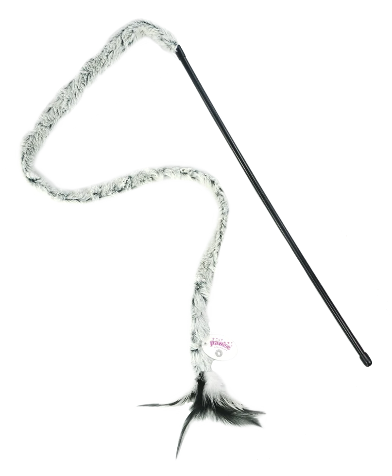 Udice pro kočky s plyšovým ocáskem a peříčky, prut 46 cm – Pawise Cat Teaser Plush Tail - Obrázek 2