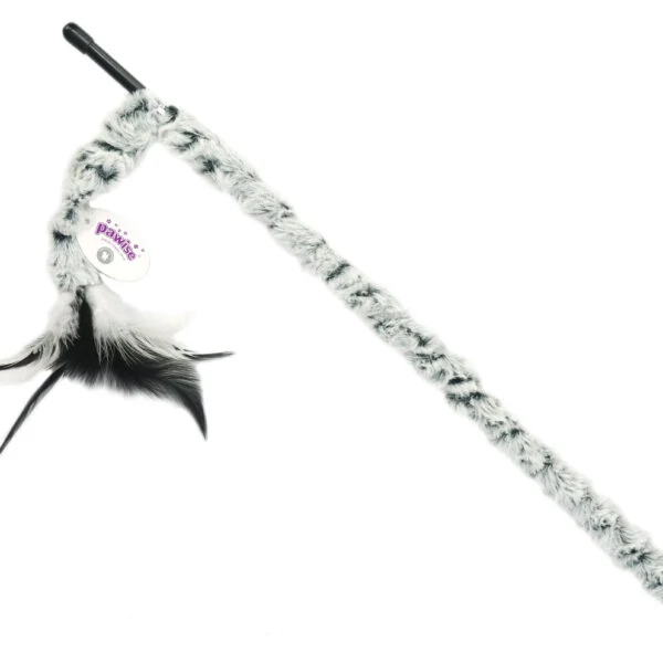 Udice pro kočky s plyšovým ocáskem a peříčky, prut 46 cm – Pawise Cat Teaser Plush Tail