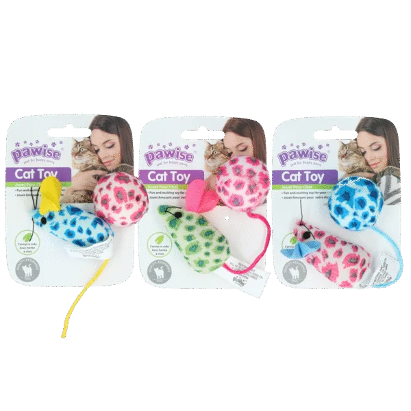 Sada hraček pro kočky s myškou a míčkem, šanta kočičí, 2 kusy – Pawise Cat Toy - Mice & Ball