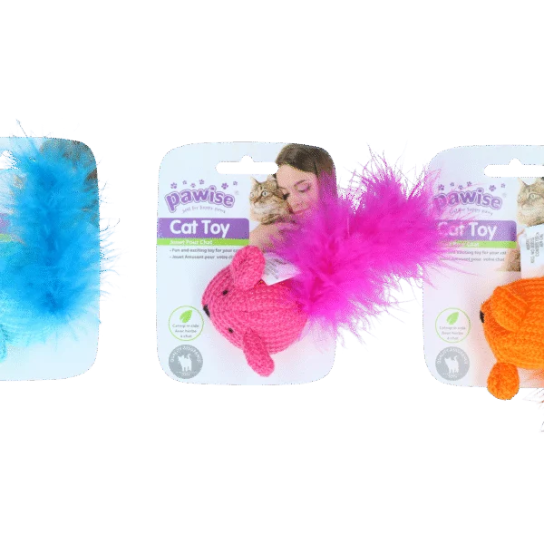 Hračka pro kočky ve tvaru myšky se šantou kočičí a peříčky, 14 cm – Pawise Cat Toy Wool Mouse