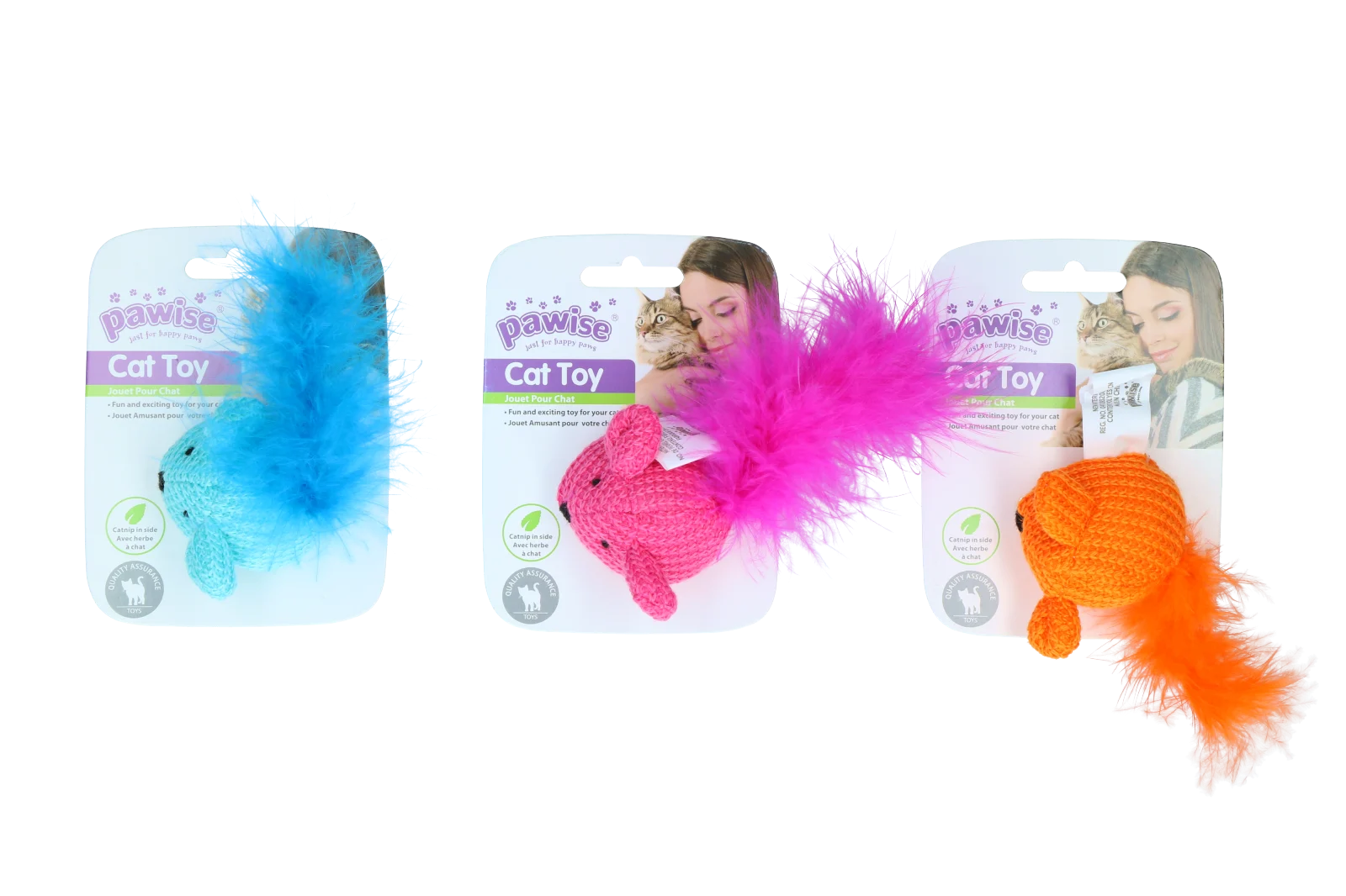 Hračka pro kočky ve tvaru myšky se šantou kočičí a peříčky, 14 cm – Pawise Cat Toy Wool Mouse - Obrázek 1
