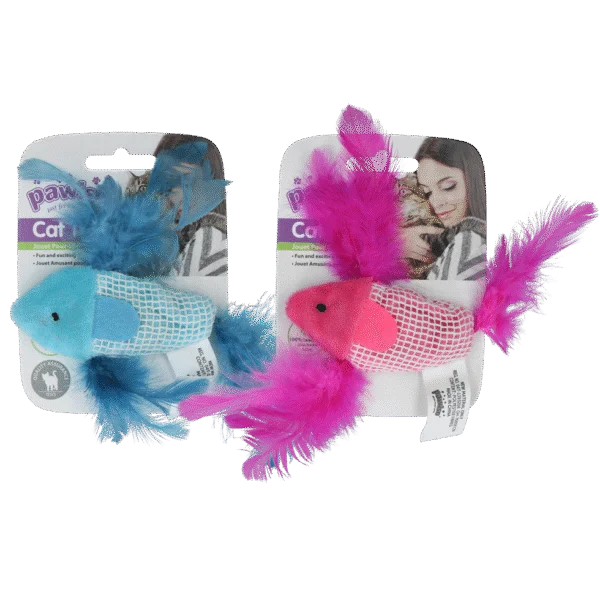 Hračka pro kočky ve tvaru ryby se šantou kočičí a peříčky – Pawise 100% Catnip Toy Vis