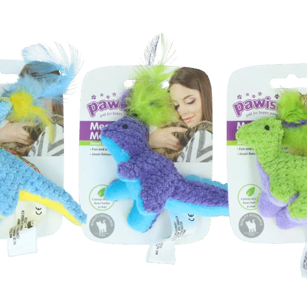 Plyšová hračka pro kočky se šantou kočičí a pírky, 12 x 12 cm – Pawise meow meow life Dinosaurus