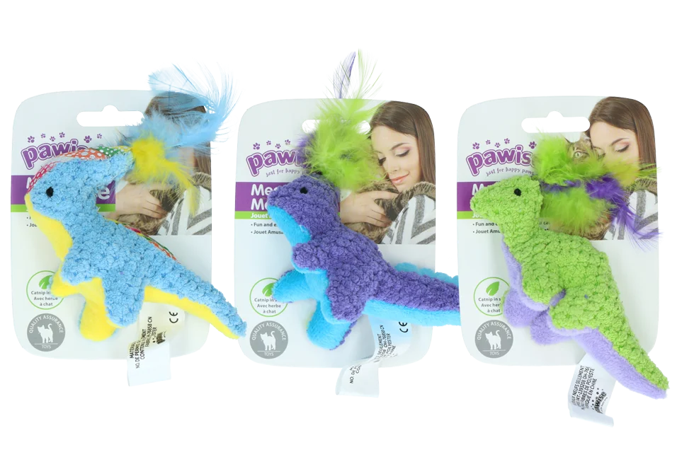 Plyšová hračka pro kočky se šantou kočičí a pírky, 12 x 12 cm – Pawise meow meow life Dinosaurus - Obrázek 1