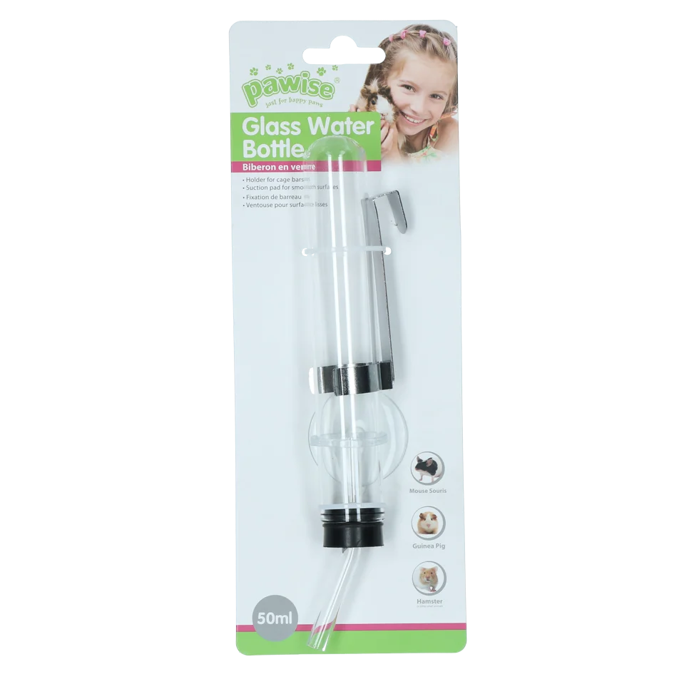Skleněná napájecí láhev pro křečky s držákem a přísavkou, 50 ml – Pawise Hamster Glass Water Bottle - Obrázek 1