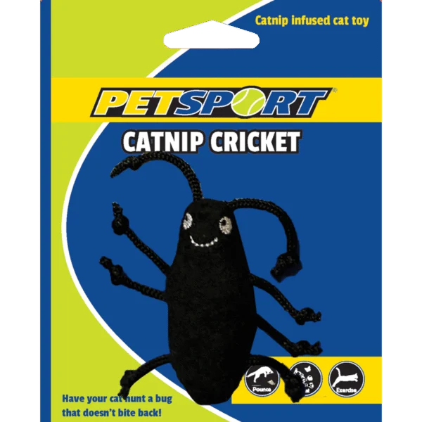 Hračka pro kočky ve tvaru cvrčka se šantou kočičí a fleecem, tělo 7 cm, černá – Petsport Catnip Cricket