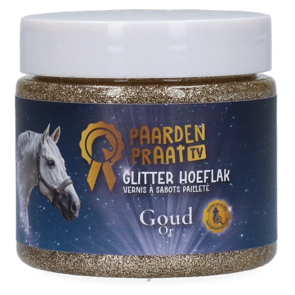 Lak na kopyta se třpytkami na vodní bázi, zlatý – Paardenpraat TV Glitter Hoeflak