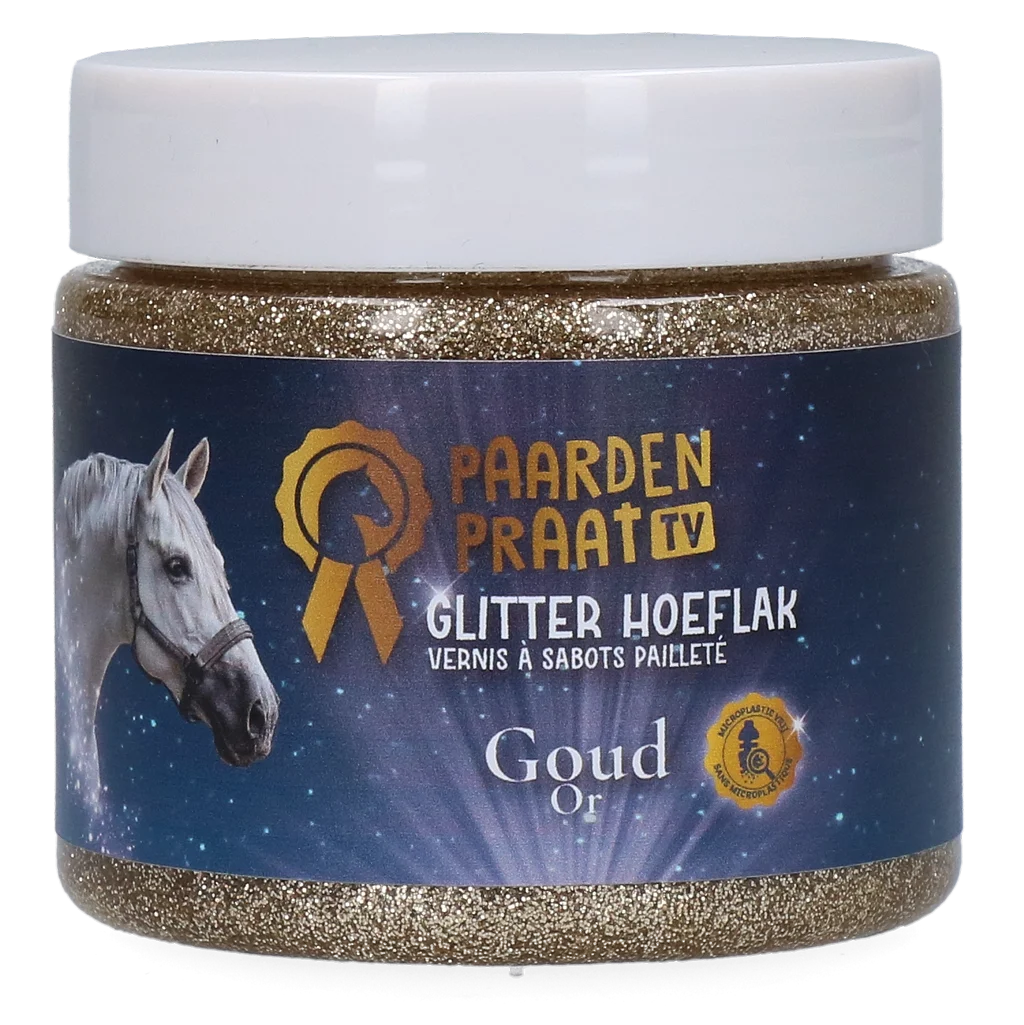 Lak na kopyta se třpytkami na vodní bázi, zlatý – Paardenpraat TV Glitter Hoeflak - Obrázek 1