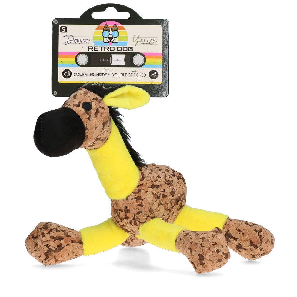 RETR0012.png Plyšový oslík pro psy s pískátkem, žlutý S – Retro Dog Donkey - Obrázek 1