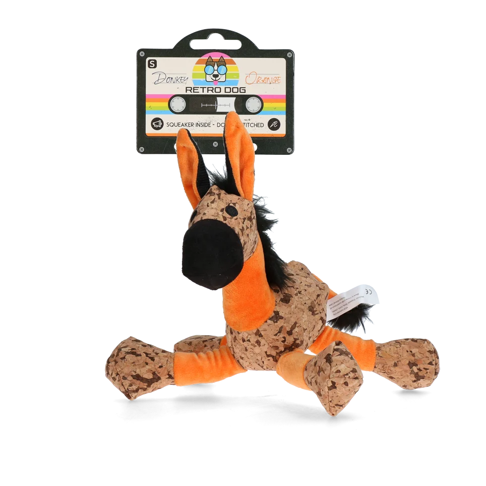 RETR0018.png Plyšová hračka pro psy, oslík s pískátkem, oranžová S – Retro Dog Donkey - Obrázek 1