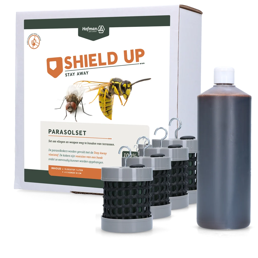 Sada slunečníku proti mouchám a vosám, 1 l kapaliny a 4 trubice – sada slunečníku Shield Up Stay Away - Obrázek 1