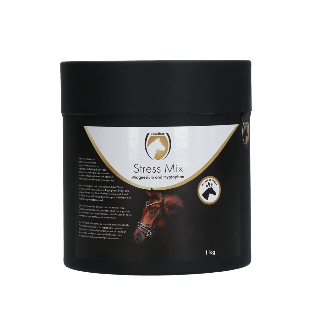 STRE01000E.png Doplněk krmiva pro koně pro období stresu s L-tryptofanem a hořčíkem, 1 kg – Excellent Horse No Stress Mix - Obrázek 1