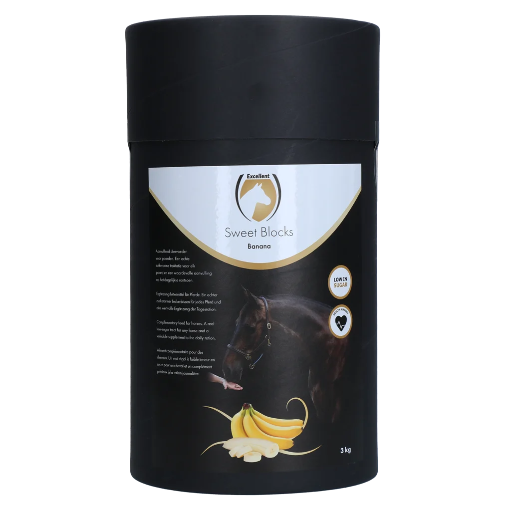 Pamlsky pro koně s banánovou příchutí, nízký obsah cukru, 3 kg – Excellent Horse Sweet Blocks - Obrázek 1