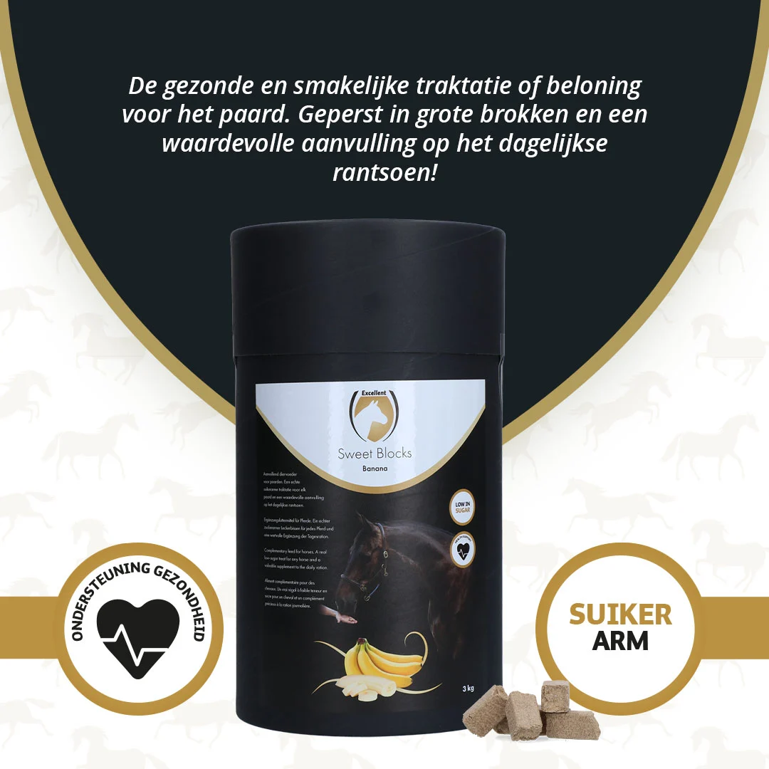 Pamlsky pro koně s banánovou příchutí, nízký obsah cukru, 3 kg – Excellent Horse Sweet Blocks - Obrázek 3