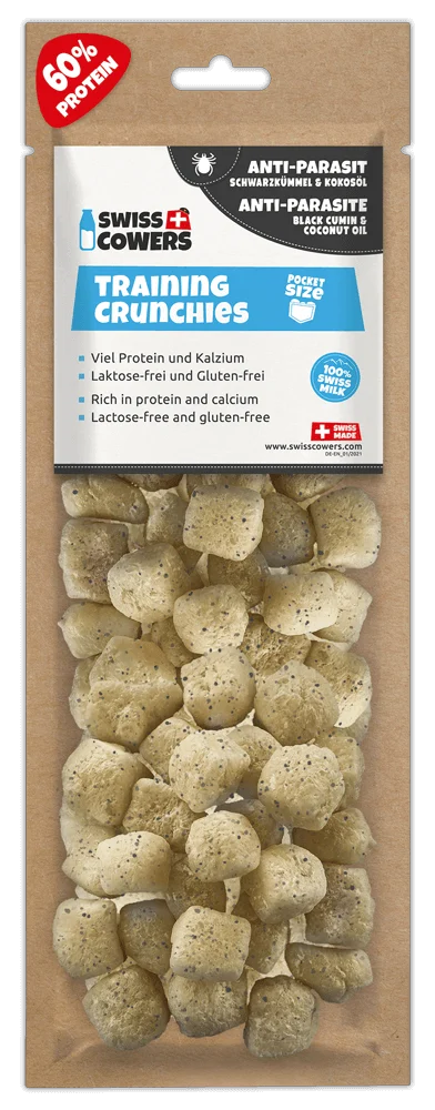 SWIS110330.png Sýrové pamlsky pro psy na výcvik s černuchovým olejem a kokosovým olejem, 30 pamlsků – SwissCowers Cheese Crunchies Training Anti-Parasite - Obrázek 1