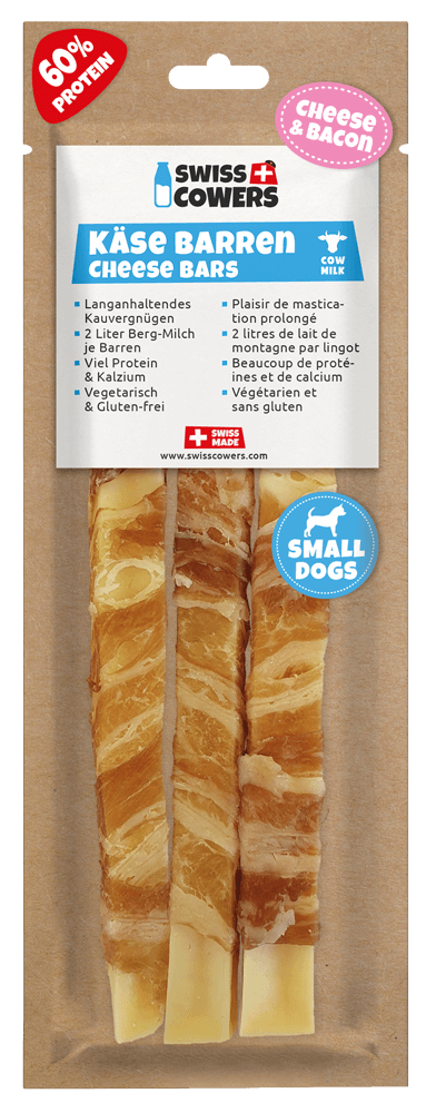 Sýrová tyčinka pro psy s baconem, bez laktózy – SwissCowers Cheese Bars Bacon S