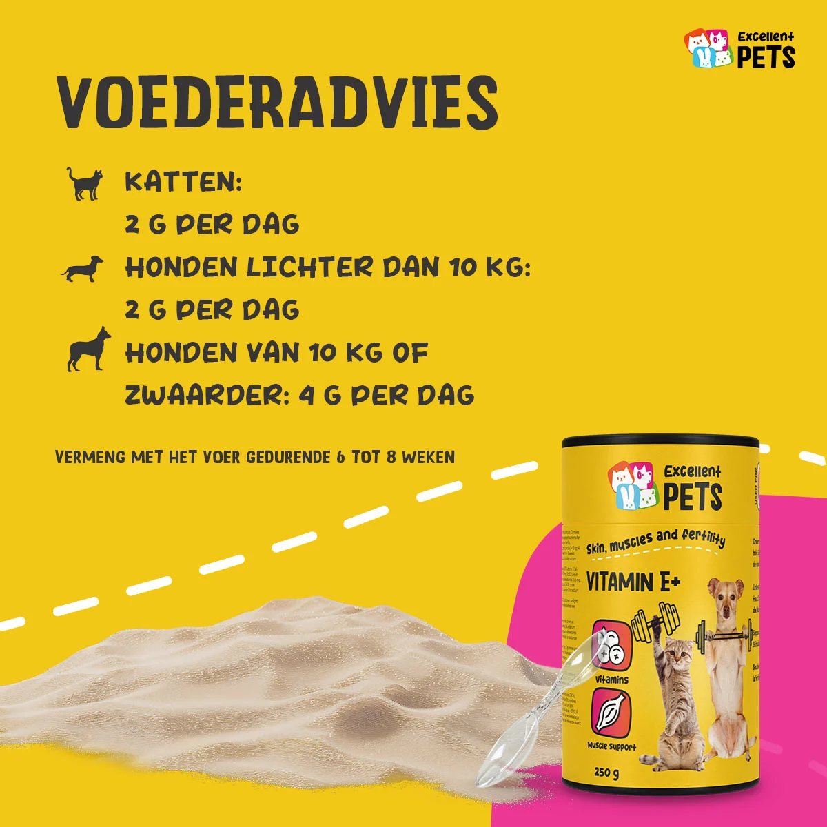 Doplňkový prášek pro psy a kočky s vitaminem E a selenem, 250 g – Excellent Pets Vitamin E+ - Obrázek 2