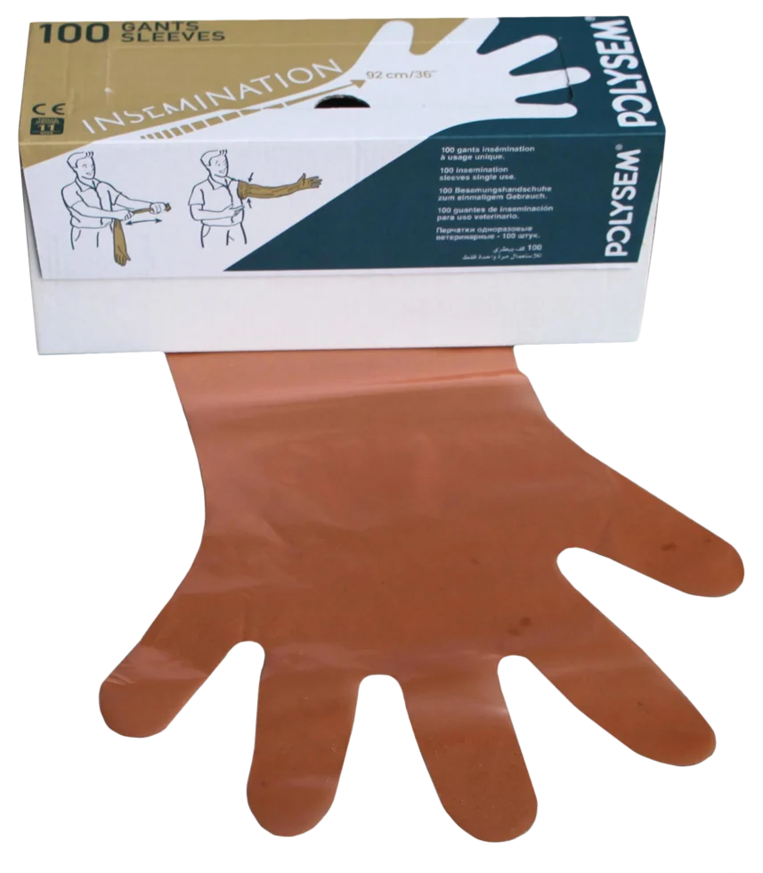 Jednorázová rukavice Vet z polyetylenu, oranžová, 92 cm, 100 kusů - Obrázek 1