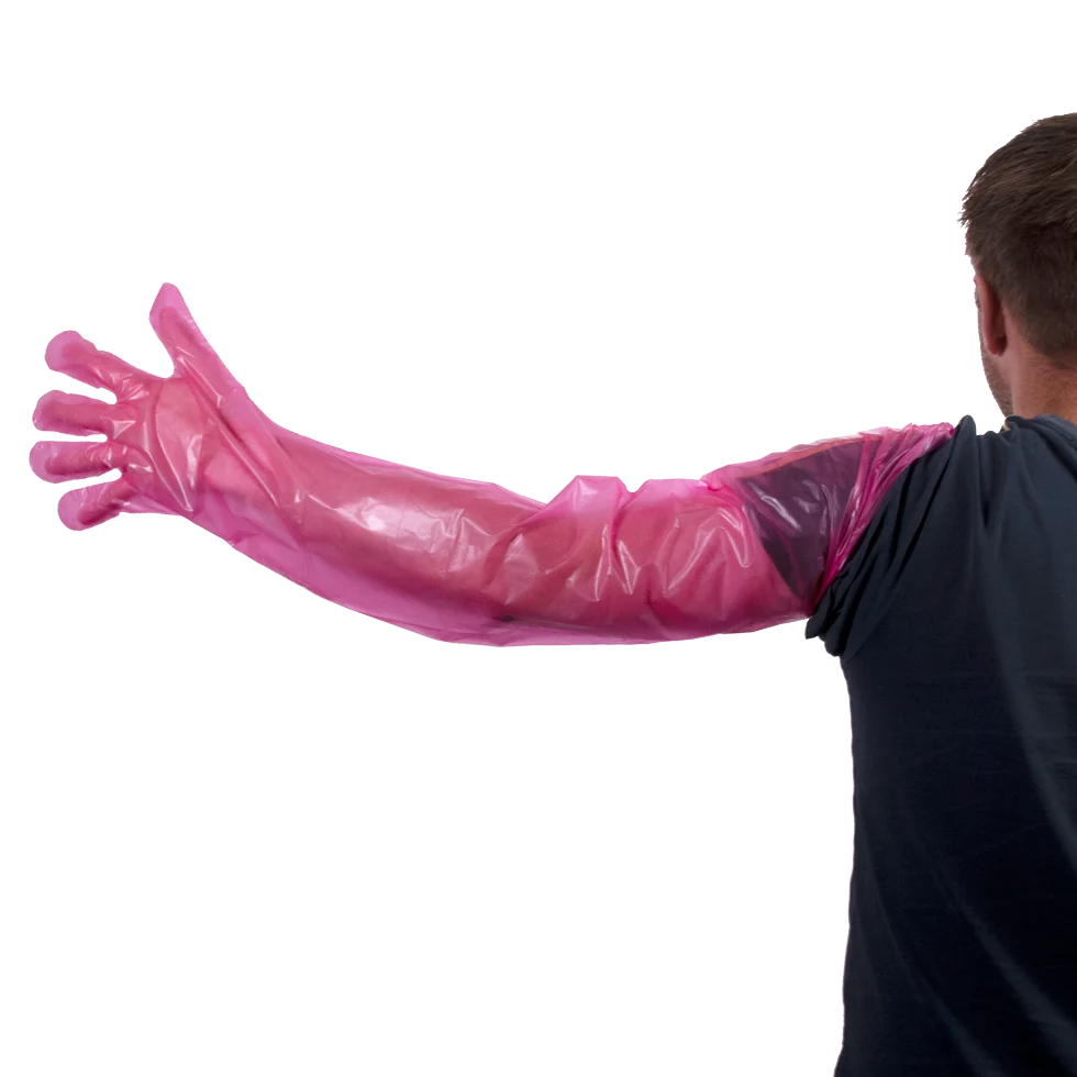 WEGW0001002.png Jednorázová rukavice pro rektální vyšetření, růžová, 90 cm, 100 kusů – Hofman Animal Care Vet - Obrázek 1