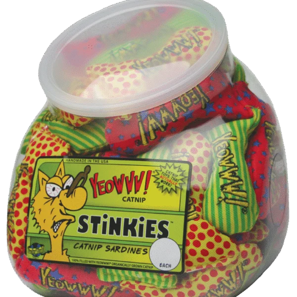 Hračky pro kočky ve tvaru rybiček se šantou kočičí, 51 kusů v akváriu – Yeowww! Fishbowl of Stinkies