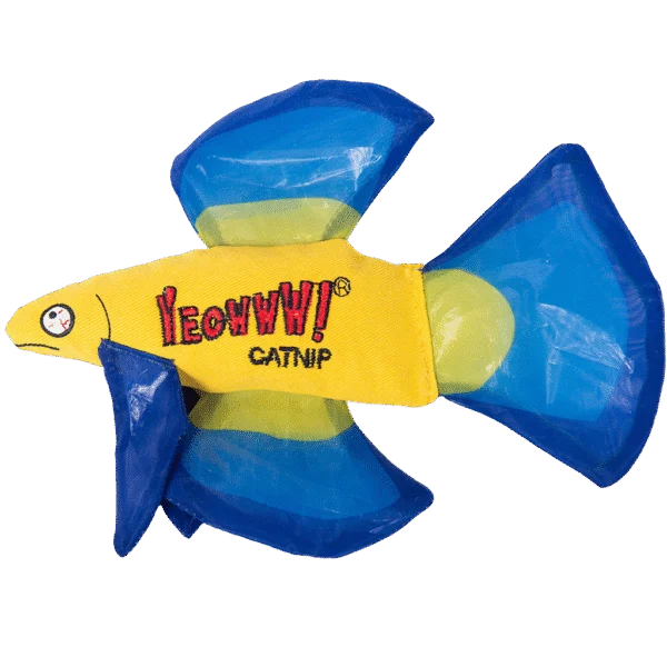 Hračka ve tvaru ryby pro kočky se šantou kočičí a šustícími ploutvemi, modrá, 17 x 12 cm – Yeowww! Mo Betta Fish