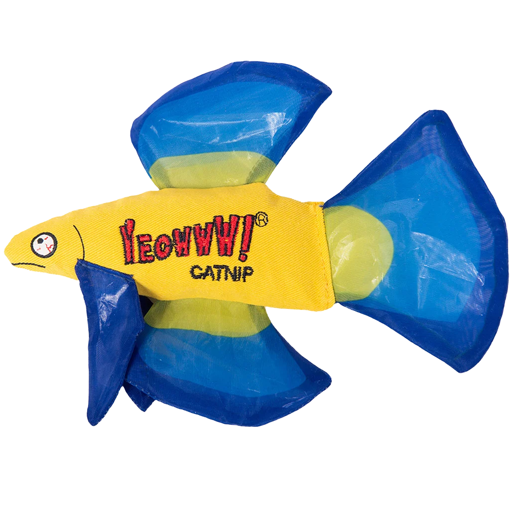 Hračka ve tvaru ryby pro kočky se šantou kočičí a šustícími ploutvemi, modrá, 17 x 12 cm – Yeowww! Mo Betta Fish - Obrázek 1