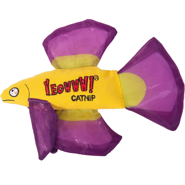 Hračka pro kočky ve tvaru ryby se šantou kočičí a šustivými ploutvemi, fialová, 17 x 12 cm – Yeowww! Mo Betta Fish