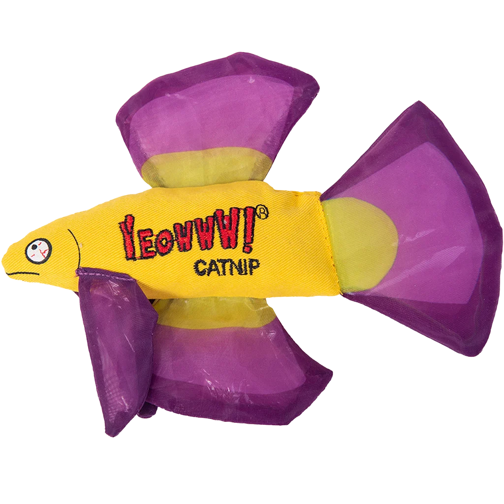 Hračka pro kočky ve tvaru ryby se šantou kočičí a šustivými ploutvemi, fialová, 17 x 12 cm – Yeowww! Mo Betta Fish - Obrázek 1