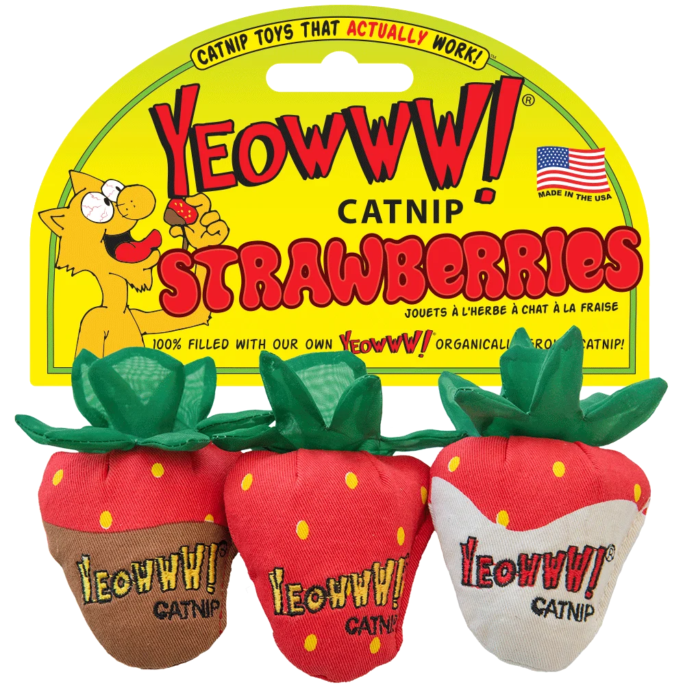 Kočičí hračka Jahoda se šantou kočičí a šustivými lístky, 3 kusy – Yeowww! Strawberry 3-pack - Obrázek 1