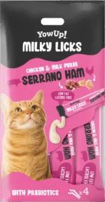 Lízací pamlsek pro kočky s příchutí serrano šunky – YowUp! Milky Licks