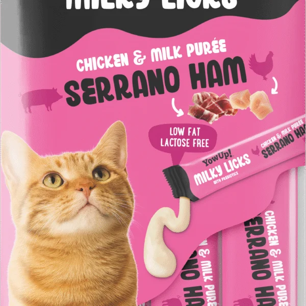 Lízací pamlsek pro kočky s příchutí serrano šunky – YowUp! Milky Licks
